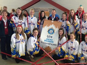 The Forest Extreme Tween A ringette team who won the provincials championships. Pictured are (left to right) front row: Abby Joris, Jessica Lierman, Leah Fraser, Paige Boere, Laynee Partridge. Back row: Kate McCreath (coach), Emily Burget, Emma McNally, Alexis Frangakis McCreath, Mick Chalmers (head coach), Gillian Chalmers, Casey Gallant, Matt Lierman (coach), Karah Postil, Grace Kobe. SUBMITTED PHOTO