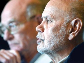 Plato's Cafe facilitator Bruce Freed leads a discussion at The Parlour Tuesday. In the background is group member Burnie Laws. (SCOTT WISHART, The Beacon Herald)