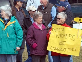 About 40 protesters brought their concerns about genetically modified alfalfa to the office of Perth-Wellington MP Gary Schellenberger in Stratford Tuesday. (SCOTT WISHART, The Beacon Herald)