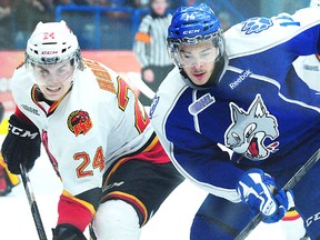 Belleville Bulls forward Garrett Hooey battles Sudbury Wolves forward Nicholas Baptiste during OHL playoff action Tuesday night in Sudbury. (Gino Donato/Sudbury Star)