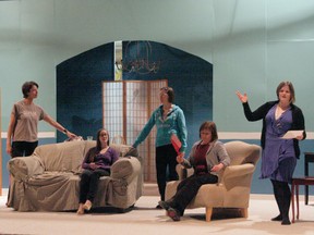 Erin Steele/R-G
Around the Clock, the Peace Playersí Spring production featuring an all-female cast, hits the Don Weaver stage at Athabasca Hall at the end of the month. It is directed by Jill Cairns. Pictured in the photo (at rehearsal) from left Marisha Rivas, Nancy Blayone, Baily Robinson, Julia Martin, Laurie Horosko and Erin Tordoff.