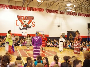 Local dancers demonstrate during the launch of the Pow program at La Verendrye School last week. The free pow wow dancing program will run Tuesday nights from 7 to 8 p.m. from April 9 until June 18. (SUBMITTED by LEE BEATON)