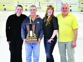 RYAN PAULSEN   Evelyn Grondin, left, John Brousseau, Kristin McMahon and Paul Bourne made up the last winning team of the Pembroke Curling Club’s season after taking top spot in the club’s “Closing Spiel.” The fun tournament consisted of 48 curlers playing throughout the day and was capped off by a barbecue supper.