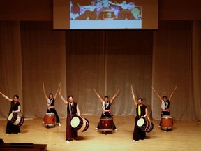Japanese drummers salute the crowd at the 2012 Stand Up for Love benefit concert at the Ellerslie Road Baptist Church. PHOTO SUPPLIED