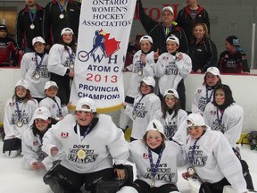 The Don’s Pizzeria Kings Atom ‘C’ Kings won the provincial finals held in Ottawa this past weekend. The Kings players are Marissa Chiera, Madison Brunet, Danika Lapierre, Mya Hamelin, Chloe Emery, Brooklyn Moore, Jasmine Groleau, Janey Verbeek, Cassie Ferron, Naomi Martin, Brook-Lynn Fleury, Christina Hunter, Hannah Deyell and Jessica Howson. Head coach is Shawn Fleury, assistant coaches are Shaun Hamelin and Roger Ferron, the trainer is Brody Emery and manager Renee Fleury.