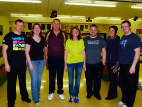 At left is the team of Jason Hood, Coralee Szilagyi, and Paul Leblanc, first and third place winners. Szilagyi also took Ladies’ High Block score, Hood, Men’s High Single and Men’s High Block. Eve Malachowski of Fairview at centre took Ladies’ High Single. At right is the team of Dustin Thompson, Jeremy Clothier and Bobby Lynn Hanton who took second and fourth.