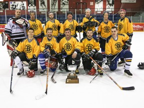 The Blackburn Equipment Bruins recently won the Kirkland Lake Men's Recreational League championship. Team members include back row left to right: Dave Dube, Leslie Lavictoire, Serge Daviau, Darcy Lance, Jamie Fortin, Paul Lacroix and Luc Daviau.
Front row left to right: Ryan Morrissette, Daryl Brissette, Pierre Belanger, Adam Gauthier and Denis Breen.
Missing from team photo are Lincoln Mcclinchey and Clint Rosko.