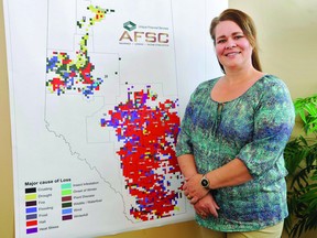 Lorelie Hulston, provincial insurance manager for Agricultural Financial Services Corporation stands in front of a board that shows the losses some farmers have faced.

Photo Supplied