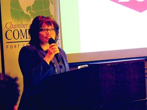 Fort Saskatchewan-Vegreville MLA Jacquie Fenske speaks at the Chamber of Commerce’s breakfast meeting last week, addressing a tough budget and local infrastructure projects.

Photo by Ben Proulx/Fort Saskatchewan Record/QMI Agency