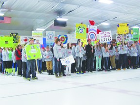 Young curlers fill the ice at the Gananoque Recreation Centre for the opening ceremony of the Timbits Elementary curling championship.