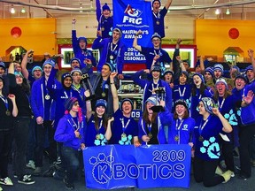 The KCVI Robotics team celebrates after winning the top award at a robotics competition that was held in Rochester. The team is now preparing to move onto the World Championships in St. Louis at the end of the month.       Submitted photo