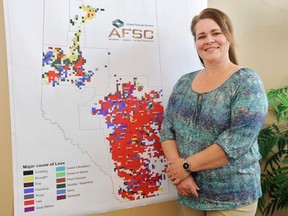 As the April 30 crop insurance deadline approaches, Lorelei Hulston with AFSC says a wide variety of perils triggered payouts on crop insurance across Alberta last year – including hail, wind, plant disease, drought, and heat stress, as shown here on the map. (Supplied)