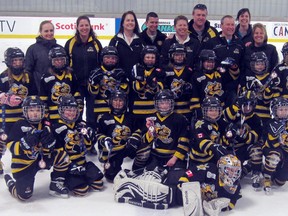 The Sarnia Jr. Lady Sting Novice C squad that won bronze at the provincial championships in Ottawa. Pictured are (left to right) front row: Payton Leppington. Second row: Robyn Storey, Alli McLellan, Gemma Hazzard, Cadence MacDonald, Kensie Lacroix, Megan Putter, Helen Goodspeed. Third row: Caitlyn Handy, Paige Vidler, Felicia Park, Kate Walls, Heather McIntosh, Isabella Di Muzio, Maya Smith, Jayda Johnson. Back row: Reeves Putter, Lisa Handy, Kerri McLellan, Dirk Putter, Jon Leppington, Dave Walls, Derek Di Muzio, Diana Walls, Jen Park. (Submitted photo)