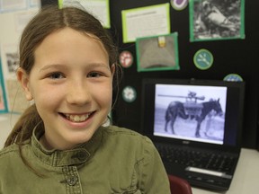 Kaitlyn Briand showcased the use of animals during wartime for a heritage fair in R.G. Sinclair Memorial School Thursday afternoon.
Michael Lea The Whig-Standard