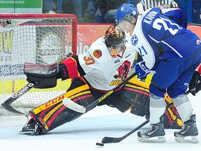 Malcolm Subban notched his second straight shutout and franchise-record third of the playoffs, Thursday night in Sudbury, to lead the Belleville Bulls into the third round of OHL playoffs. (Gino Donato/Sudbury Star)