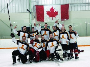 3 RCR won 3-1 against 2 RCHA during the final game in the Normandy Officer's Mess Annual Charity Hockey Tournament last Friday, making the team the winners of the two-day tournament. In the back row from left: Capt. Adam Loggie, 2 Lt. Brad Baragar, Capt. Yannick Hart, Lt. Paul Mayne, Capt. Dan O'Connor, Cpl. Frank Desbiens, Cpl. Mike Downton
In the front row from left Cpl. James Albidone, Lt. John Hart, Capt. Jeff Caselton, Major David Hill.