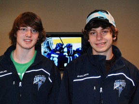 West Ferris minor midget 'AA' Trappers teammates Darian Skeoch, left, and Michael Silveri were picked by the North Bay Battalion and Sudbury Wolves, respectively, during the OHL's Priority Selection Draft, Saturday.