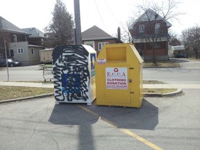 Photo by Richard Robillard

Vandalism and theft of clothing donation bins has become a major problem in Brantford. The Kidney Foundation's white and blue boxes have been especially hard hit with 17 boxes spray-painted and five bins stolen, according to police.