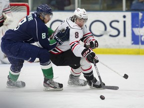 Owen Sound Attack defenceman Codi Ceci gets pressured in his zone by Cody Payne of the Plymouth Whalers during their Ontario Hockey League playoff game in Plymouth, Mich., on Friday night.
RENA LAVERTY For The Sun Times