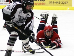 Tillsonburg Dyco Tool Oldtimer Peewee captain Lucas Deutsch heads to the net in overtime Sunday morning against Glanbrook. He was denied on this play, but would score the game-winner shortly after, lifting his team to a 4-3 overtime victory. Jeff Tribe/Tillsonburg News