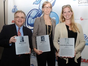 Tribune sports editor Bernd Franke, from left, volleyball player Heidi Bench and basketball standout Carrie Stratford-Collver are the newest inductees into the Niagara College Knights Hall of Fame.