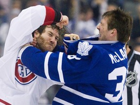 Maple Leafs’ Frazer McLaren scraps with Brandon Prust of the Montreal Canadiens during Saturday night’s 5-1 Toronto win. McLaren’s physical style, along with that of Colton Orr, Mark Fraser and Leo Komarov, will continue to be the Leafs’ trademark when, and if, they qualify for the post-season. (REUTERS)