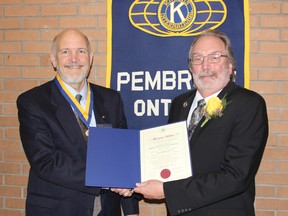 The Kiwanis Club of Pembroke held its 91st charter night on April 13, 2013, presenting awards to deserving members. Receiving the Mel Osborne Fellowship Award, presented to Kiwanians who have contributed to the growth and work of Kiwanis, was Bob McLaughlin. Here, Bob, left, accepts the award from Dr. John Button, Kiwanis International vice president. For more community photos, please visit our website photo gallery at www.thedailyobserver.ca.