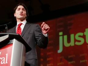 Newly elected Liberal leader Justin Trudeau addresses delegates after his win Sunday.