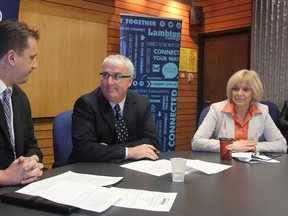 LKDSB education director Jim Costello, centre, is flanked by Lambton College's Rob Kardas and Ann Everatt at a press conference Monday. The trio announced a new partnership that aims to curb the projected shortfall of local workers in the technology and healthcare fields.