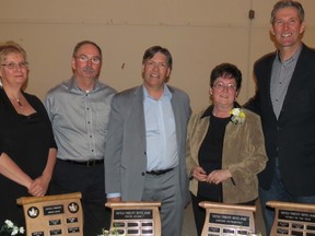 Barb and Dennis Galbraith 2011 Lifetime Contribution Award recipients, Portage la Prairie MLA Ian Wishart, Judy Essay 2012 Lifetime Contribution Award recipient, and Brian Pallister pictured at the Oakville & Area Volunteer Awards, Saturday. (SUBMITTED PHOTO)