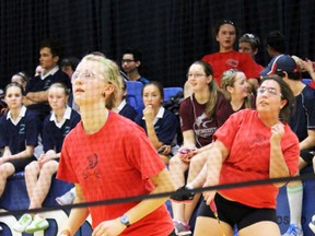 Leandra Keller and Courtney Higenell set up after a serve in a badminton match at the Stephen Sturdy Memorial Badminton tournament in Goderich on March 28. The girls brought home gold in Senior Girls Doubles.