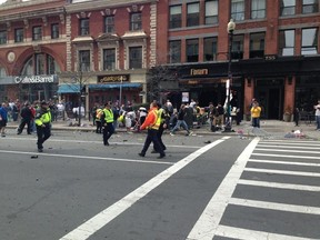 Photo posted on twitter by @JackieBrunoNECN of the explosion at the Boston Marathon on april 15 2013. Twitter Photo by @JackieBrunoNECN