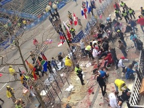 Caution: Graphic images
Photo posted on Twitter by @theoriginalhawk of the explosion at the Boston Marathon.