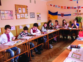 Jean Vanier students take part in some Ukrainian classes during their visit to a school in Lviv, Ukrain.