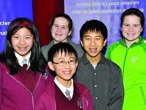 Five local students, Alaina Ng, left, brothers Christian and Adrian Au and sisters Abigael and Bryony Schonewille, qualified for national competition at the weekend's Rideau St. Lawrence Science Fair. NICK GARDINER The Recorder and Times