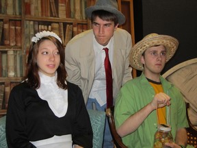 MONTE SONNENBERG Simcoe Reformer
The spring production at Waterford District High School this year is Murder At Crooked House. Drama students at WDHS will put on four shows this week, starting Thursday night. Cast members include, from left, Allison Genovese as Shirley the Maid, Justin DuBois as Hercules Porridge, and Curtis Friesen as the bug collector Mark Palegrave.