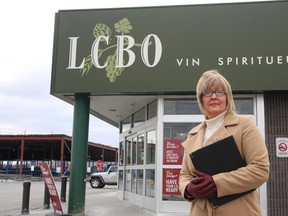 Sudbury provincial PC candidate Paula Peroni used the backdrop of the Lasalle LCBO in Sudbury, ON. to call on the Ontario government to become less involved in the sale of alcohol on Monday, April 15, 2013. Ontario PC leader Tim Hudak wants to put liquor sales in private hands. JOHN LAPPA/THE SUDBURY STAR/QMI AGENCY
�