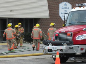 Firefighters from Simcoe and Port Dover responded to the Skyline apartment building at 305 Norfolk Street, South in Simcoe on Sunday afternoon after residents reported the smell of melting plastic in the building. (Simcoe Reformer photo)