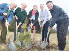 Green Week committee members celebrated the announcement Monday of a full schedule of events with a tree-planting ceremony of a white pine sapling. From left are Green Week volunteers including Ted Blowes, James Colbeck, Mary Jane Thomson, Brad Beatty and Vanni Azzano. SCOTT WISHART The Beacon Herald
