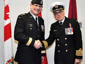 Major-General Blaise Cathcart, Judge Advocate General, presented retired Capt. John Maguire with the Queen’s Diamond Jubilee Medal in recognition of significant contributions and achievements serving in the Canadian Forces and Royal Canadian Navy.