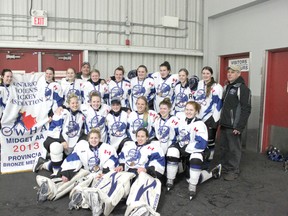 The Saugeen Maitland AA Midget Girls hockey team, featuring players from all over the region, recently won the bronze medal at the OWHA provincial championships. Pictured, from left to right (standing): Harley Westman, Jordyn Sholdice, Ciara Lark, Bill Lark (coach), Lexi Smith, Kailyn Soers, Tori Terpstra, Kelly Gribbons, Sarah Biesenthal, Cassidy Colhoun, Joe Chaffe (coach); (kneeling):  Courtney Surridge, Maddie Duncan, Miranda Lantz, Jamie Simpson, Ashlee Lawrence, Dawn Pletsch; (front): Morgan Baker, Shea Tiley.