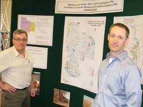 MNR Kenora district supervisor Shawn Stevenson and Kenora area forester Kurt Pochailo were on hand to provide information on the Whiskey Jack Forest 2012-2014 contingency plan during the public information meeting in Kenora, Monday, June 18, 2012.
REG CLAYTON/Miner and News