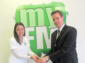 Katy Hynes of MyFM and Michael Wright, manager of TD, help fill a penny donation bag for the Splash Pad at the MyFM office on April 11, 2013. The Kincardine Lions Club Splash Pad project has raised $40,000 so far of the $450,000-$500,000 goal.