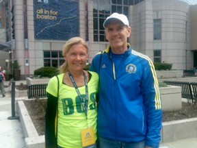 Trenton's Jutta Merilainen poses with friend Boyd Kalnay, of Belleville in this photo taken Saturday in Boston a the marathon expo. Submitted photo