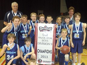 St. Thomas Shock won the Ontario Basketball Division 9 major atom championship by defeated Ancaster 46-39. Members of the team, from left, are: front - Ethan Odanski; second row - Luke Henderson, Cooper Stock, Teylen Fairbanks; third row - Matthew Richards, Owen Hardy, Mitchell Pallister, Nate McCaulley, Ethan Bell, Taye Donald, J.D. Neill, Andrew Payler; back - coaches Deryl Dawdy and Rhonda Dawdy. Absent is Riley Barnes. (Contributed photo)