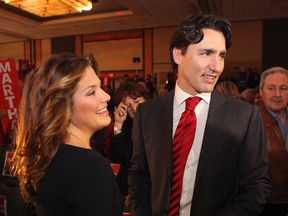 Newly elected federal Liberal leader Justin Trudeau and his wife Sophie Gregoire, photographed after his victory on Sunday at the Westin Hotel in Ottawa.