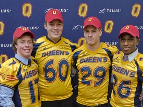 Queen’s Golden Gaels recruits for the 2013 season include, from left, Matt Pendergast, Brendan Ginn, Nicholas Dowd, all from Kingston, and Kyle O'Hara of Ottawa. (Julia McKay/For The Whig-Standard)