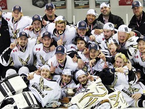 The Quinte West Major Midget Hawks completed a remarkable season Sunday by capturing the Ontario Hockey Federation 'A' Championships with a 4-0 win over the Sarnia Jr. Sting at Mississauga's Vic Johnson Community Centre. Team members include: Kevin Valdes, Jerrett Rushnell, Matt Laidley, Will Lamoureux, Derek Shields, Devin Wood, Jonathan Rood, Travis Mindell, Colin Harris, Cole Hamilton, Cameron Sager, T.J. Patterson, Mason Conley, Gerald Bilker, Taishi Asama, Griffin Rupnow, Jordan Boutilier, Alex Leclerc, Andy Paul, head coach Kenny Chesher, assistant coach Matt Kenny, assistant coach Rob Finch, trainer Jeremy Jamieson, and assistant trainer Shane Hamilton.