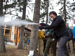 Calgary resident and outdoors enthusiast Kathy Agardi tries her hand at spraying a demonstration can of bear spray at Bear Days on Saturday, April 13, 2013. The cans had hot peppers removed to serve as a training tool for those new to bear spray. Justin Parsons/ Canmore Leader/ QMI Agency