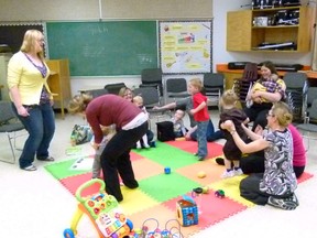 The Mom ‘n Me group that meets every Friday at Menno Simons School had a musical afternoon with music teacher Erin Gordon showed the mothers and kids some musical games they could play together. The children there on April 12 were mostly still diaper age and Gordon admitted she isn’t used to working with children quite that young. Parents attending included Jeannie Lawrence, Brittany King, Leanne Nixon Vander Linden, Nicole Jensen and Valerie Bueckert with their respective children - Alexander Ross, Kalyssa King, Greyson Nixon Vander Linden, Zachary Utz and Adrianna Bueckert as well as drop-in Ryder Potter.